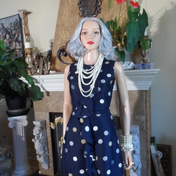 Kate Spade Navy Blue Multi Polka Dot Belted A Line Dress w/Front Ruffle Size 0 - Picture 5 of 16